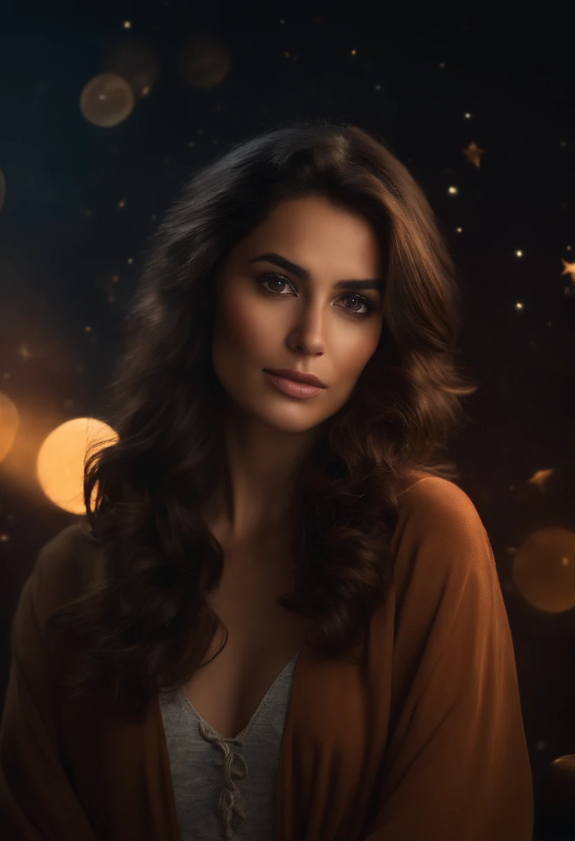 Portrait of a woman,ultra-detailed face,brunette,brown eyes,Arabic features,Nebula background,(best quality,4k,8k,highres,masterpiece:1.2),ultra-detailed,(realistic,photorealistic,photo-realistic:1.37),fine art,studio lighting,professional,vivid colors,portraits,cosmic,colorful tones,soft lighting