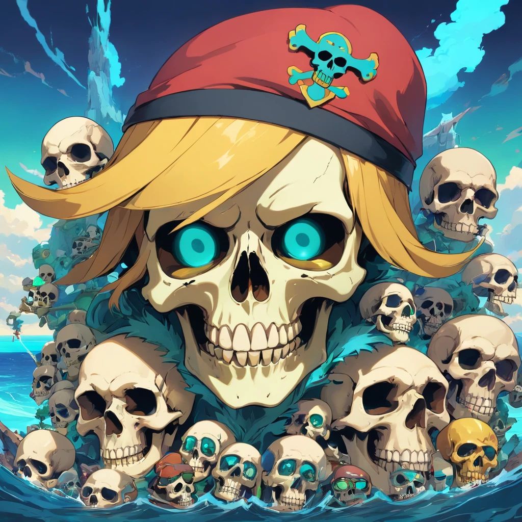 head of skull, mutant skulls face, mutant skulls PFP, mutant skulls pirate hat, background with the sea, vibrant colors, skulls golden accessories, brilliant eyes (blue, brown, black, green, neon), skull body and skull face colors (black, white, yellow, brown, gold), skulls face with many skull tattoos, centralized character, looking forward with an skulls evil face, all picture must have skulls face.