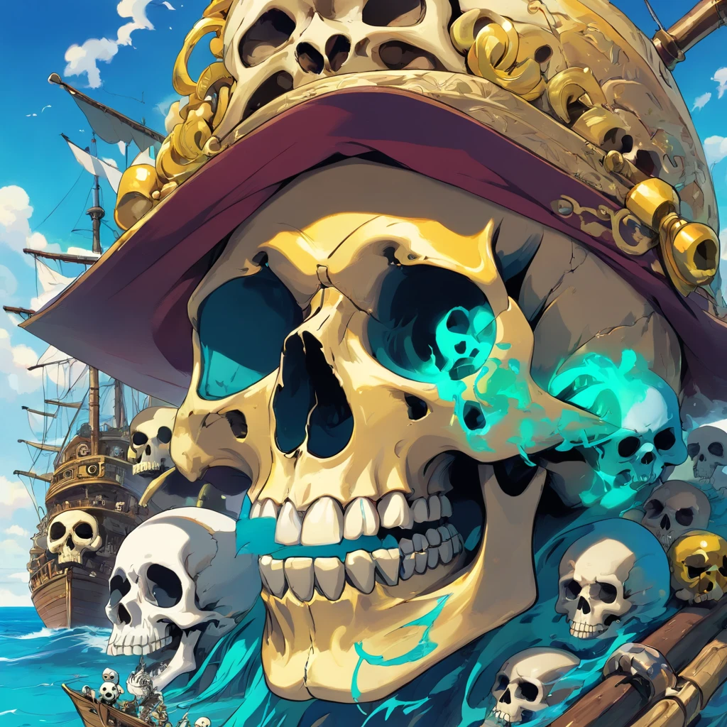 head of skull, mutant skulls face, mutant skulls PFP, mutant skulls pirate hat, background with the sea, vibrant colors, skulls golden accessories, brilliant eyes (blue, brown, black, green, neon), skull body and skull face colors (black, white, yellow, brown, gold), skulls face with many skull tattoos, centralized character, looking forward with an skulls evil face, all picture must have skulls face.