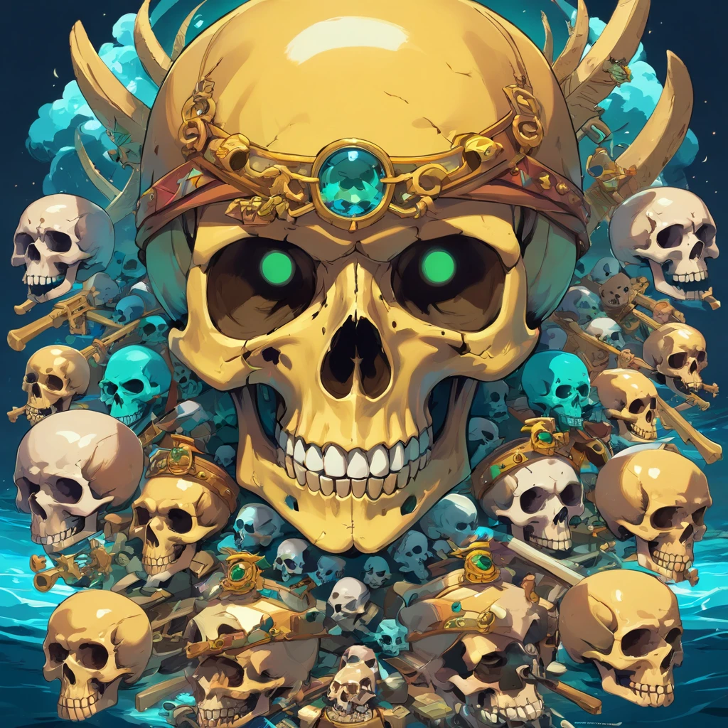 head of skull, mutant skulls face, mutant skulls PFP, mutant skulls pirate hat, background with the sea, vibrant colors, skulls golden accessories, brilliant eyes (blue, brown, black, green, neon), skull body and skull face colors (black, white, yellow, brown, gold), skulls face with many skull tattoos, centralized character, looking forward with an skulls evil face, all picture must have skulls face.