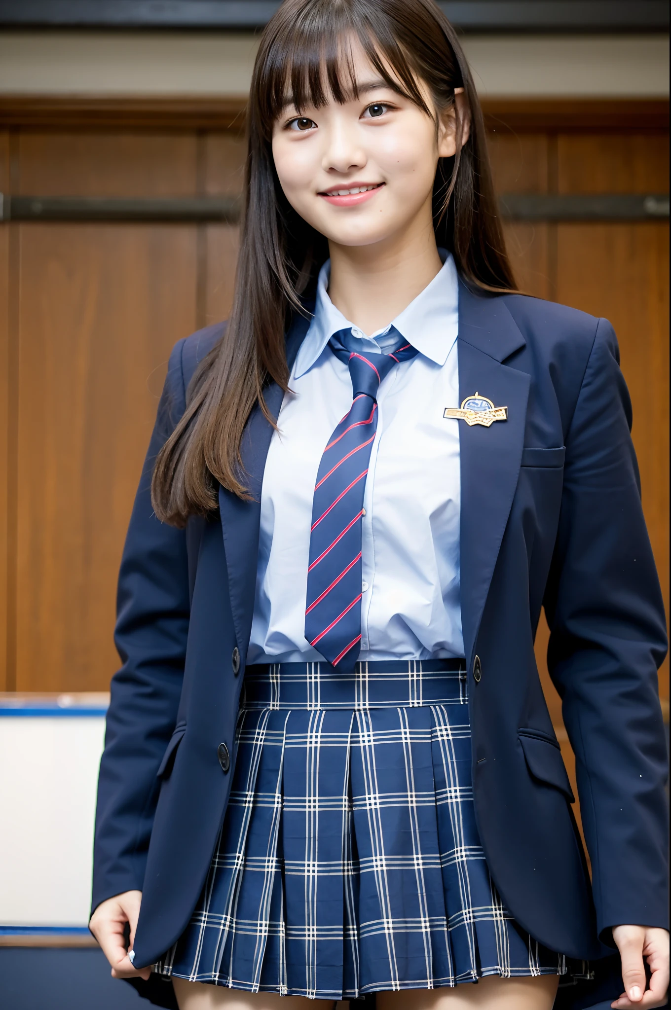 girl standing in school classroom,school uniform with blue tie,dark blue buttoned blazer,blue plaid skirt,18-year-old,bangs,a little smiles,thighs,knees,from below