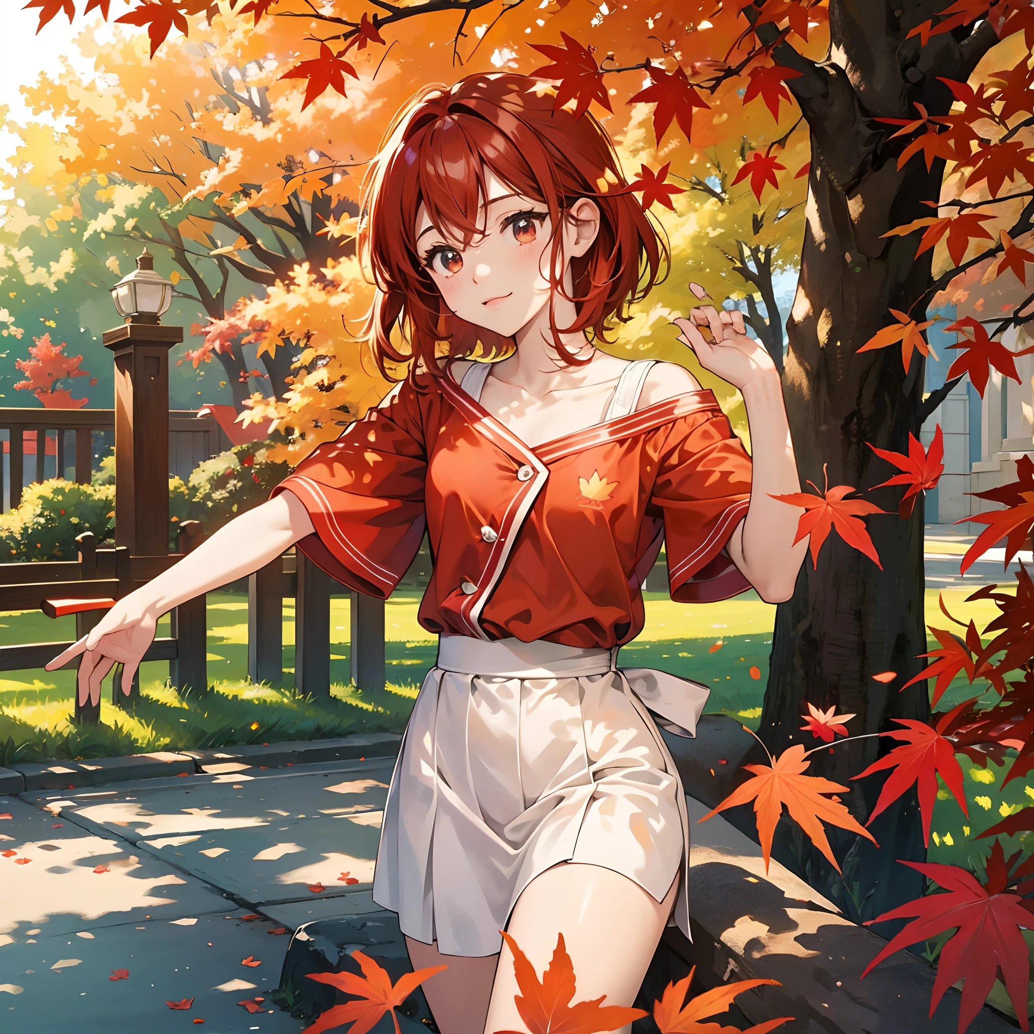 masterpiece, award winning, super detail, high quality, chibi anime, Maple leaf character, theme color is red, cute, in the park, in the afternoon, on a sunny day, in autumn, natural light