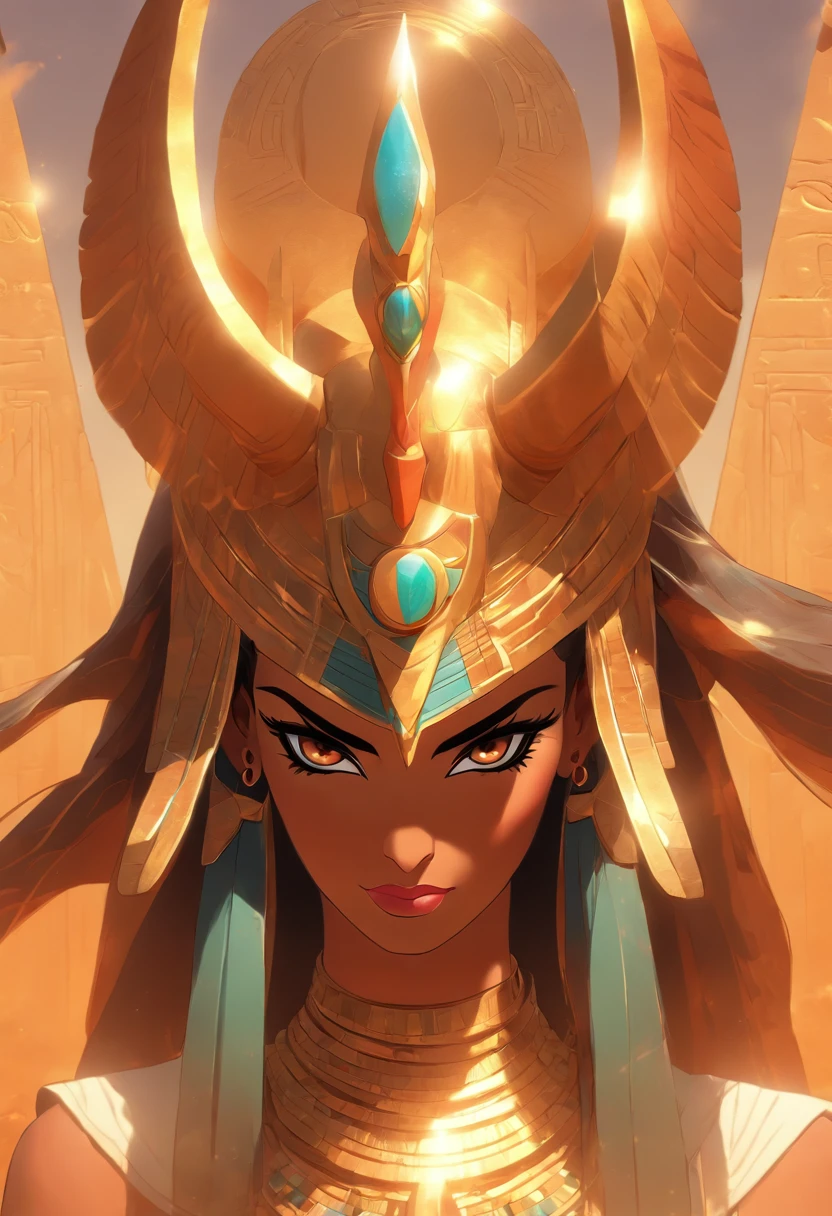 (((Hathor))) best quality, ultra-high resolution, 4K detailed CG, master piece, Hathor, woman, horns, Goddess of the sky, Egyptian clothes, EGYPTIAN mythology, desert, aesthetics, ((horns)), Beautiful image , centered on the screen