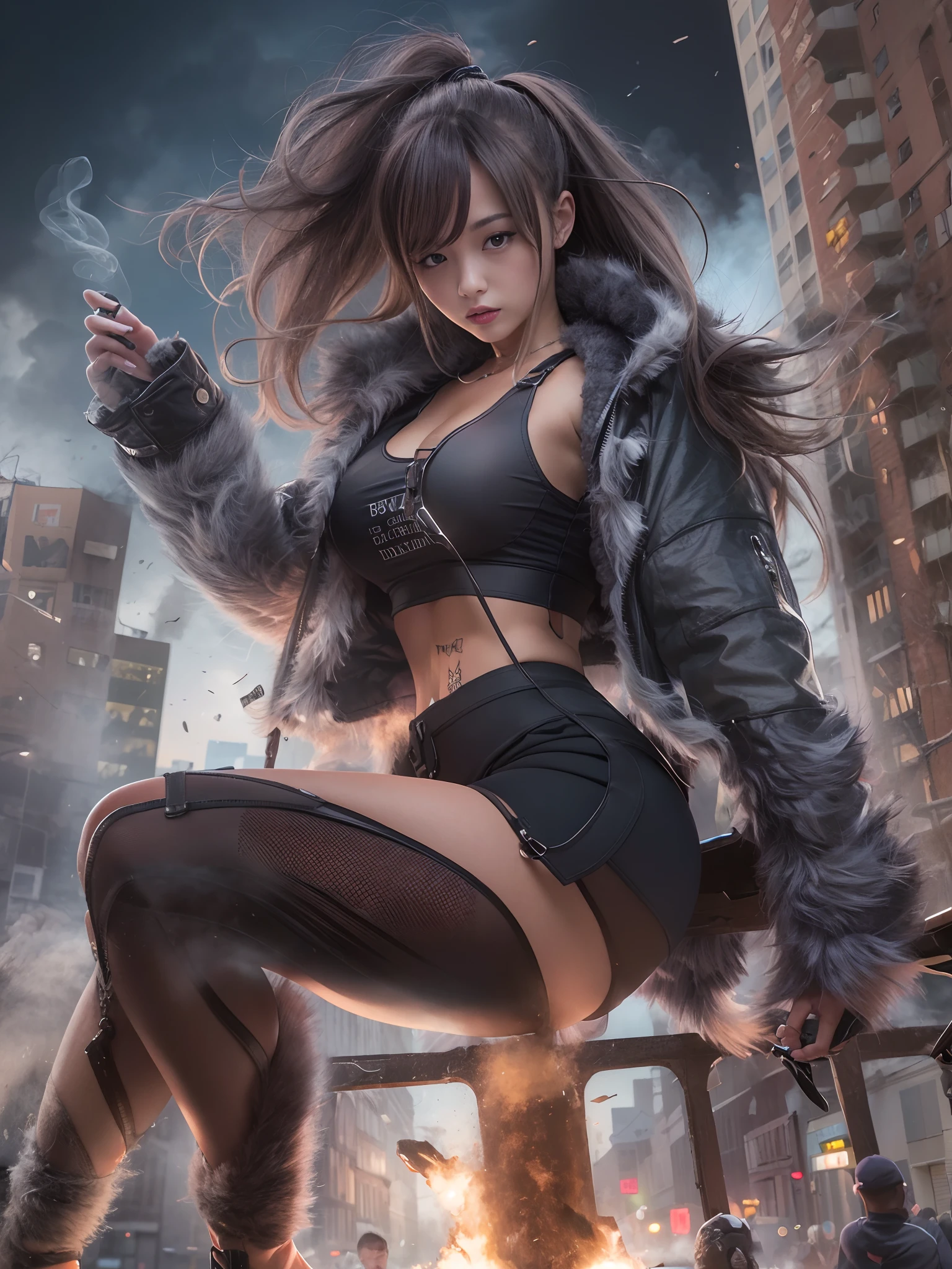 Giant Akari in crop top and jacket, Barefoot, a beauty girl、beautiful countenance、huge tit、beauty legs、well-muscled、athletic bodies, gts city, city buildings, Smoke coming from a broken building, Evil Black Monster