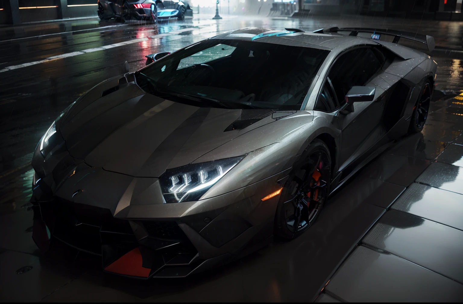 1 car, lamborghini aventador, City street, futuristic, cyber, cyberpunk, night, Rainy, rainy, beautiful lighting, colorful lighting, super detailed, wallpaper, 8k quality, masterpiece