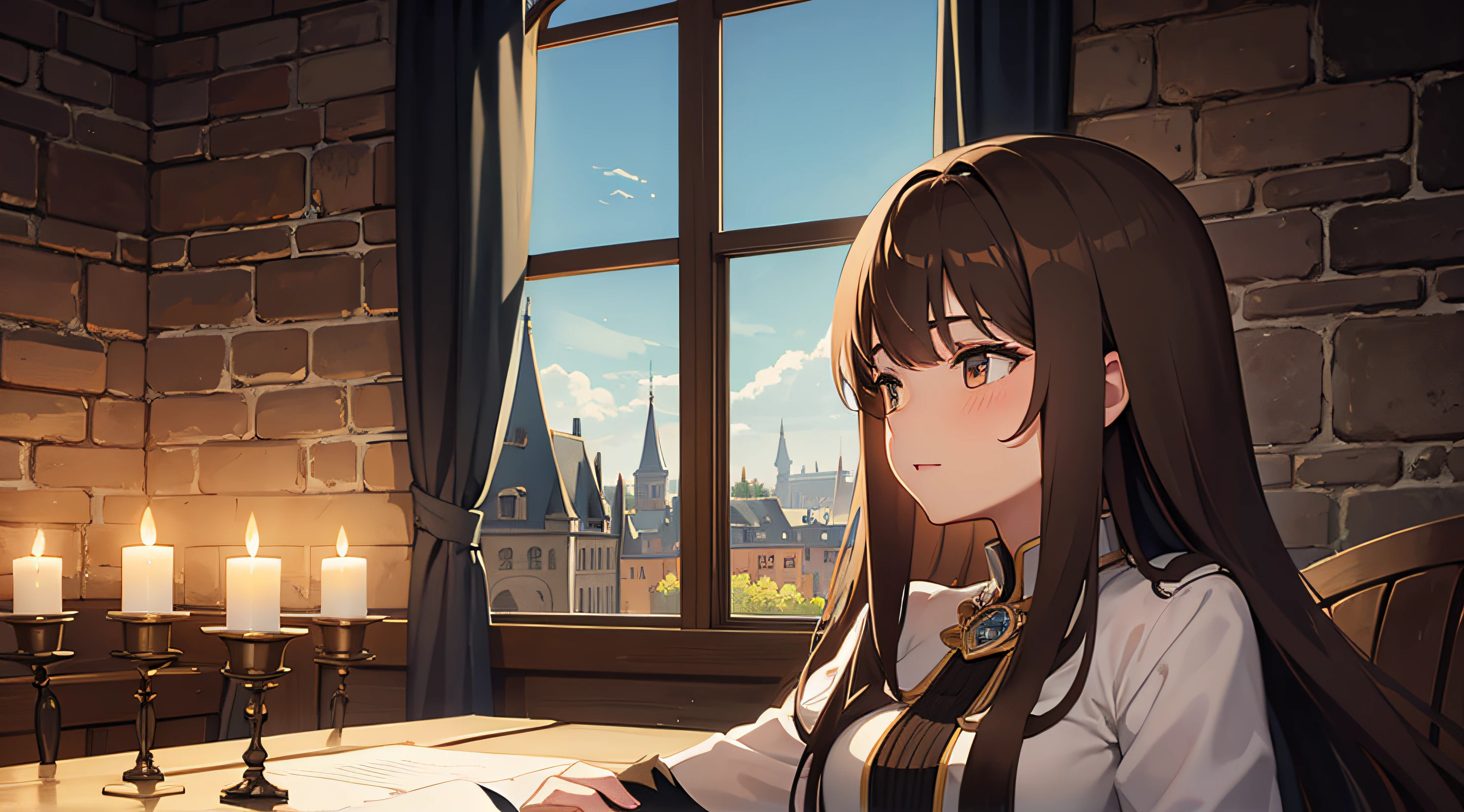 Girl with long brown hair kissing guy. The Old Castle Inside