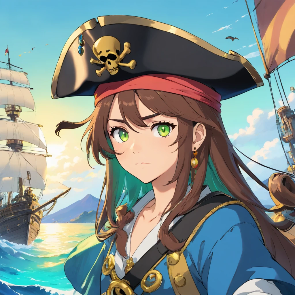 mutant pirate, PFP, pirate hat, background with the sea, vibrant colors, golden accessories, brilliant eyes (blue, brown, black, green, neon), body and face colors (black, white, yellow, brown, gold), tattoos.