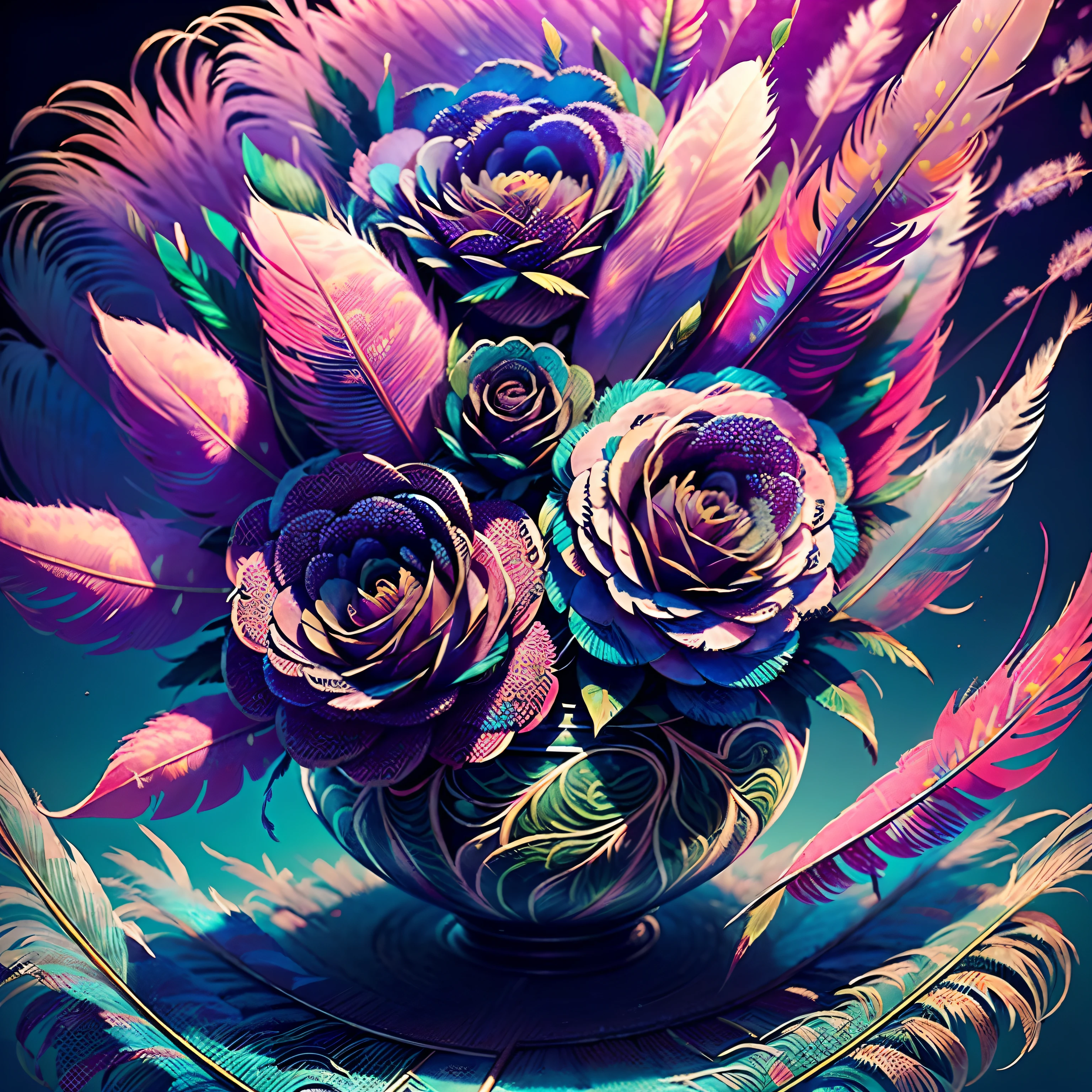 Riff Style 2 (masutepiece, top-quality, Best Quality, Official art, Plants and bird feathers, Beautiful and aesthetic flowers々:1.2), (Roses and pampas grass:1.3), Extremely detailed,(Fractal Art:1.1),(Colorful:1.1)(Flowers:1.3),highest details,(Zentangle:1.2), (Dynamic Pose), (Abstract background:1.3), (Glossy flowers), (Many colors:1.4), ,(Stinging buds), (Feathers:1.5)