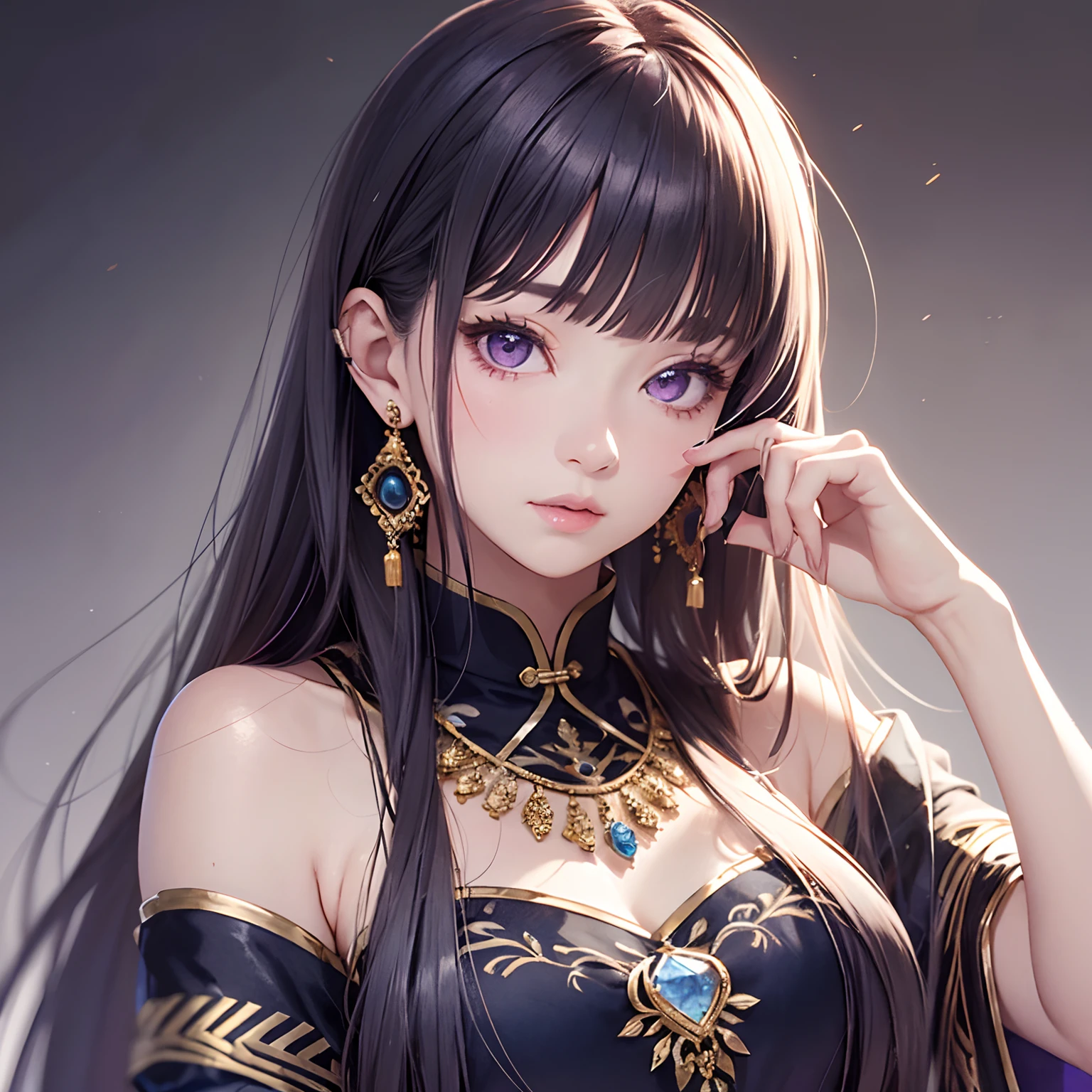 Hyuuga Hinata, solo, jewelry, earrings, long hair, 1girl, cute, looking at the audience, portrait, gray hair, blurred, Indigo hair, bob hair, closed mouth, chinese clothes, violet eyes, fringed earrings, realistic, lips, tassels, blurred background --auto --s2