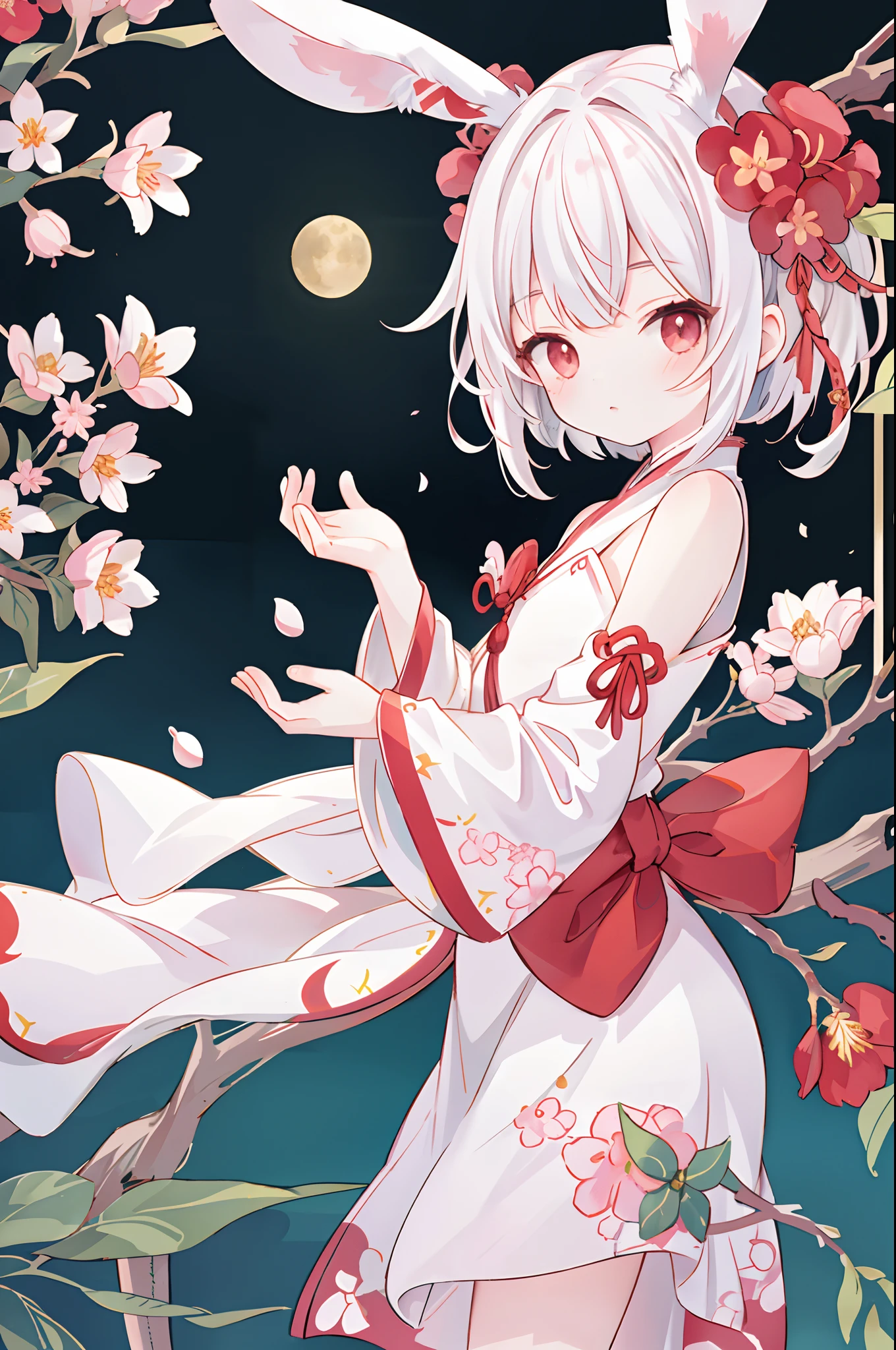 （tmasterpiece，best qualtiy：1.2），illustratio，absurderes，A high resolution，The is very detailed，1  girls，with short white hair，Bunny ears，red eyes，eyes highlights，Hanfu，shift dresses，puffy short sleeves，frilld，exteriors，blossoms，Fluttering petals，The upper part of the body，（themoon：1.2），the night，depth of fields，（:D：0.8），