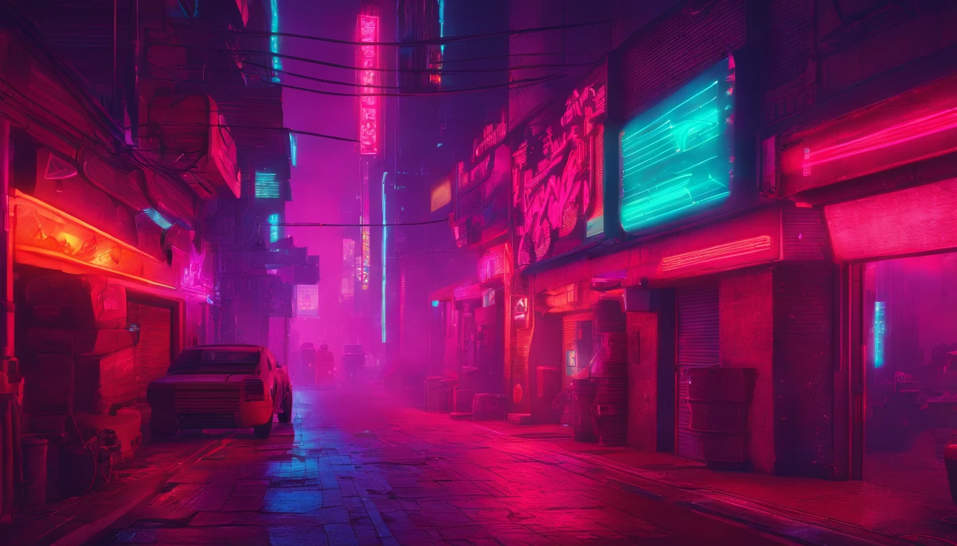 Cyberpunk alley at night, darksynth aesthetic, red neons, haze, foggy night.