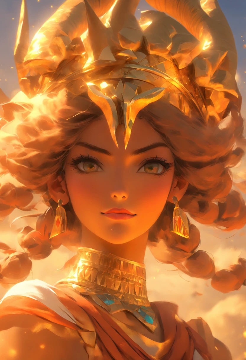 (((Crown with horns))) best quality, ultra-high resolution, 4K detailed CG, master piece, Hathor, woman , horns, Sky Goddess, Egyptian clothing, EGYPTIAN mythology, desert, aesthetics, ((horns)), Beautiful image, centered on the screen