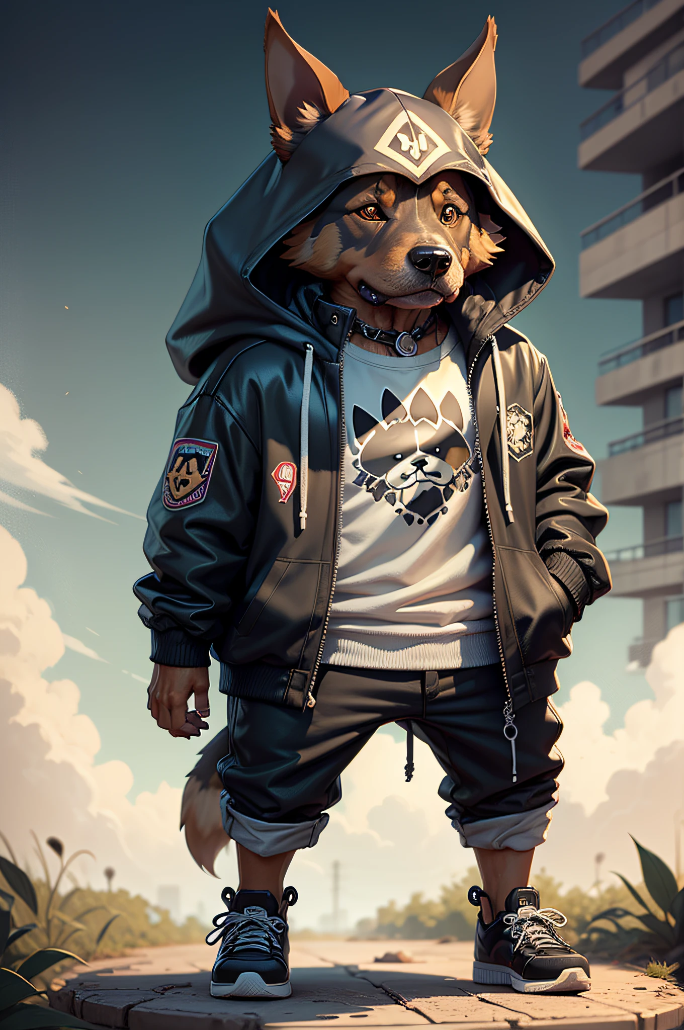 C4tt4stic, Cartoon Doberman dog in a skateboard with a jacket(Body hair is black、Details of the appearance of the Doberman)