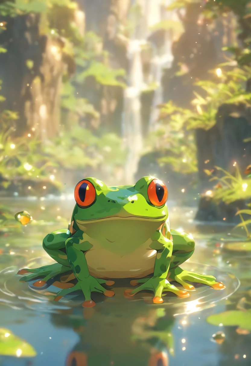 (((Animals))) best quality, very high resolution, 4K detailed CG, masterpiece, Frogs, Mountains, Forest, aesthetics, ((FROG,WATER)), Beautiful image, centered on screen