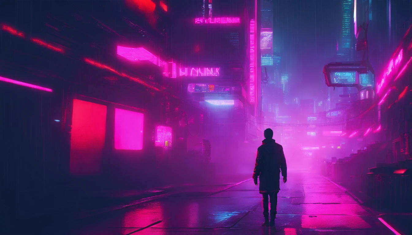 Cyberpunk alley at night, darksynth aesthetic, red neons, haze, foggy night.