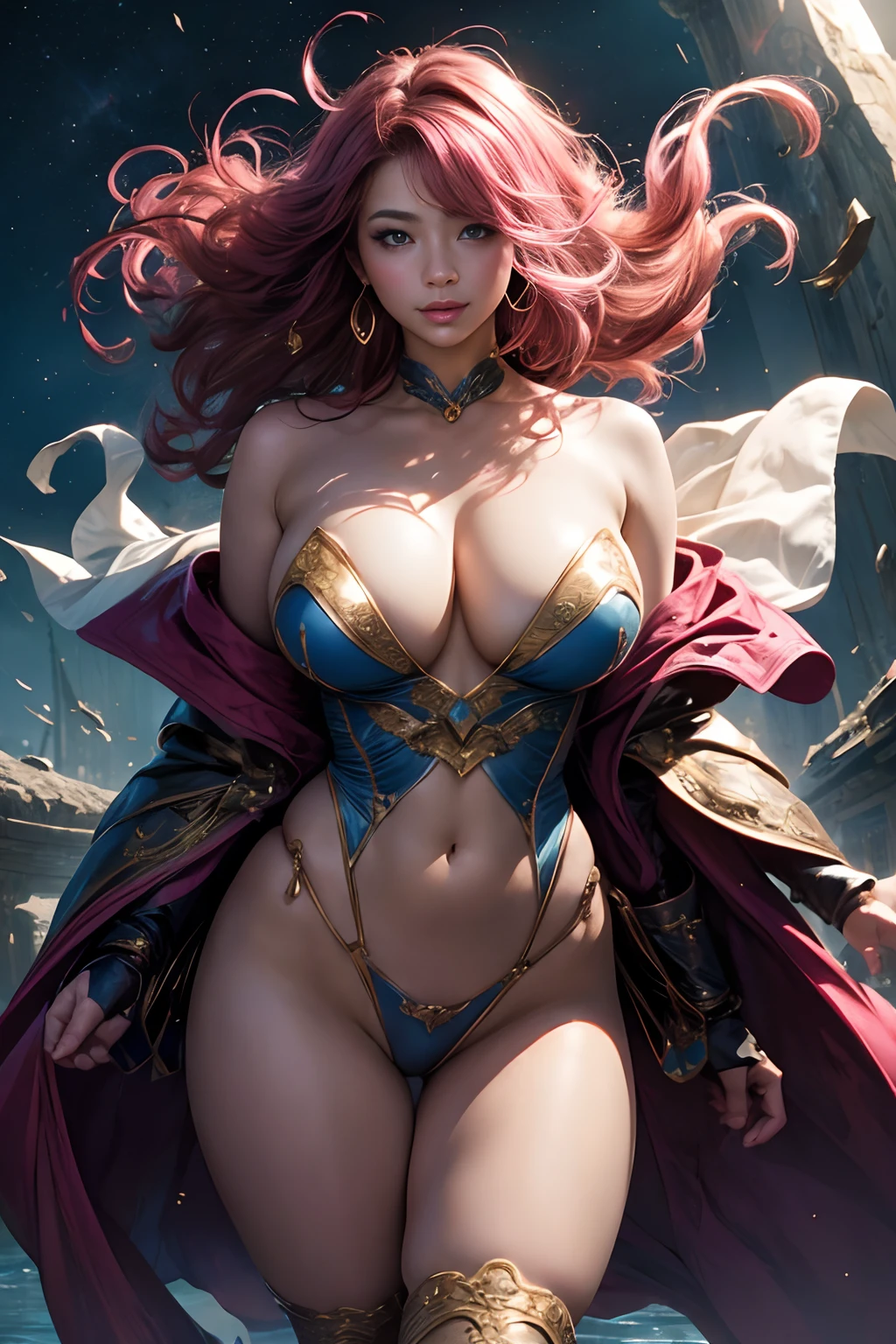 beautiful digital works of art、Fantasy and gorgeous lighting、gorgeous digital art、stunning digital illustration、digital fantasy art、3D Rendering Character Art、8K、hight resolution、detailed digital art、Elegant fantasy、NSFW、1girl in、kindly smile、Cowboy Shot、balanced body shape with a length of 7 heads,、Perfect growth、Beautiful curvaceous、A sexy、Pink hair、Long curled hair、Woman with shining light、beautiful countenance、A detailed face、perfectly proportions、爆乳、big breasts thin waist、nabel、big butts、Raised clean buttocks、Crotch gap、thighs thighs thighs thighs、clong legs、Yellow dress、Translucent cloaked robe、floating in the universe、(Tremendous wind:1.7)、(Hair and costume are disheveled:1.7)、Skin is exposed、A sexy、the background is the universe、In the Dark、Lots of stars、blur backgroun、