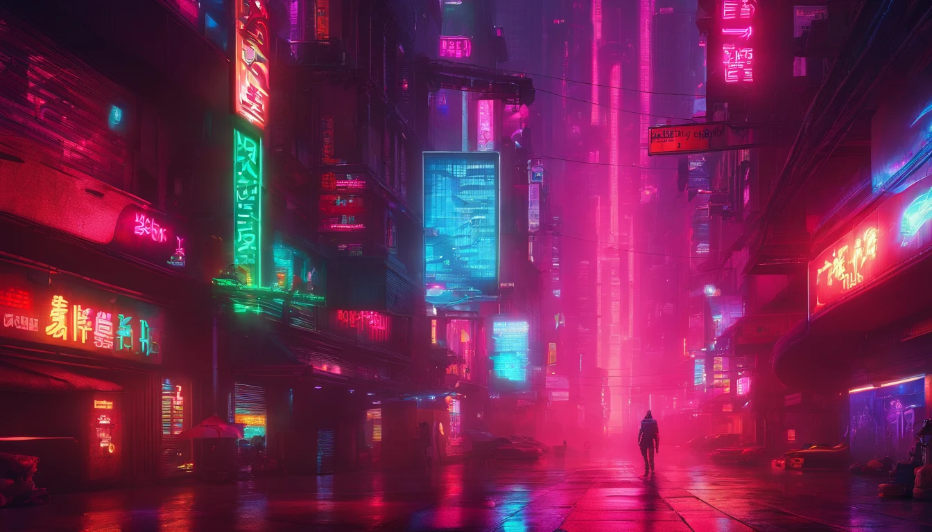 Cyberpunk alley at night, darksynth aesthetic, red neons, haze, foggy night.