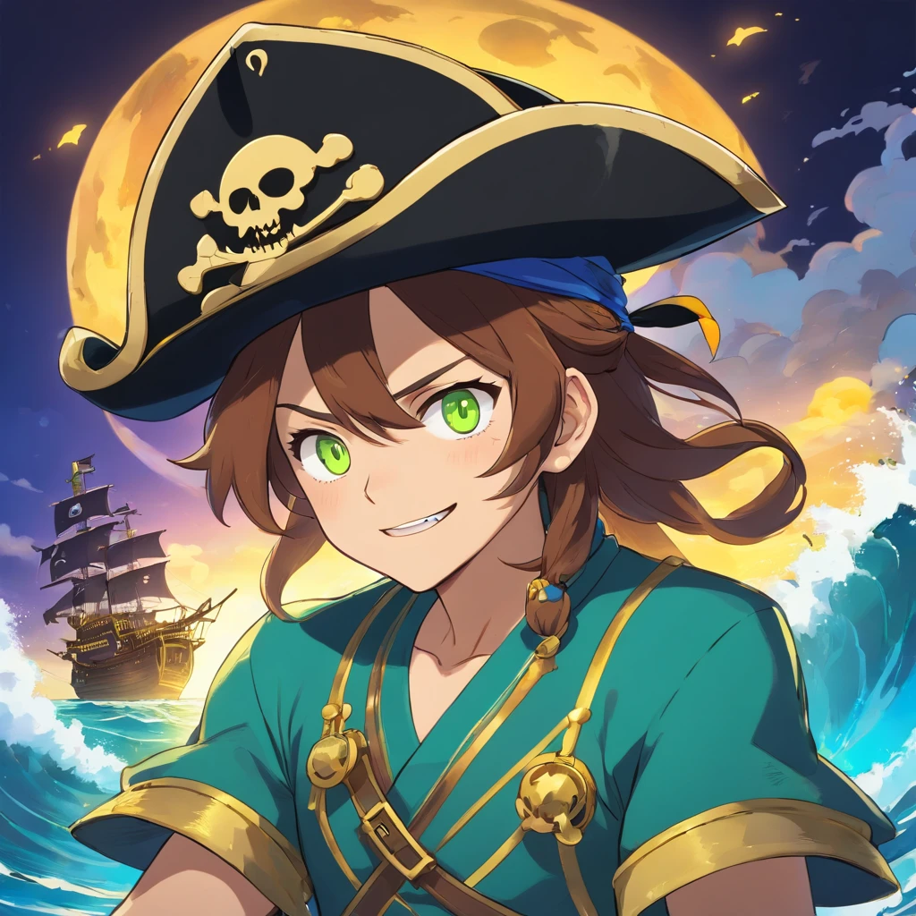 mutant pirate, monster pirate, pirate with monster features, PFP NFT image, pirate hat, background with sea full of gold, vibrant colors, golden accessories, glowing eyes (blue, brown, black, green, neon), body colors and face (black, white, yellow, brown, gold), tattoos.