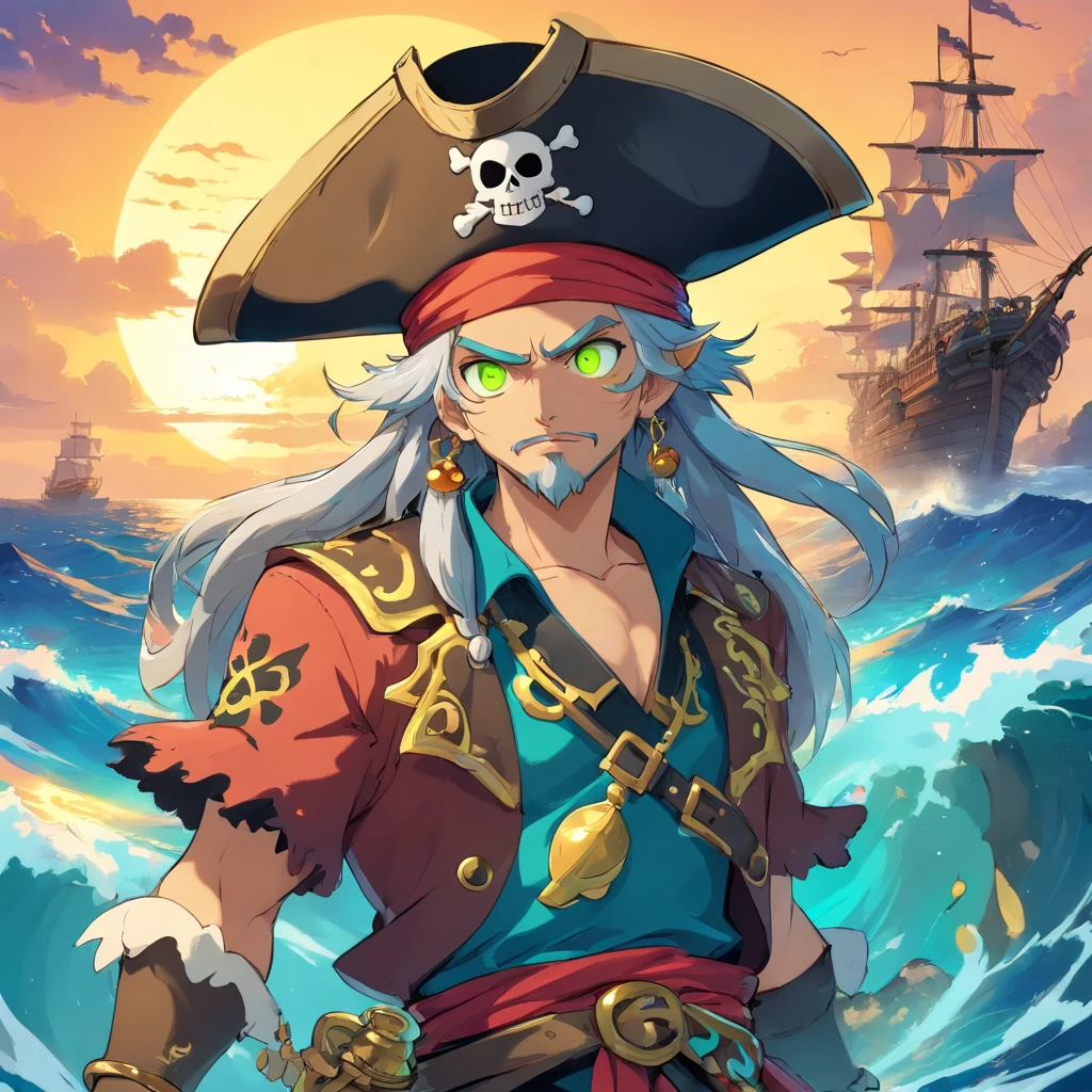 mutant pirate, monster pirate, pirate with monster features, PFP NFT image, pirate hat, background with sea full of gold, vibrant colors, golden accessories, glowing eyes (blue, brown, black, green, neon), body colors and face (black, white, yellow, brown, gold), tattoos.