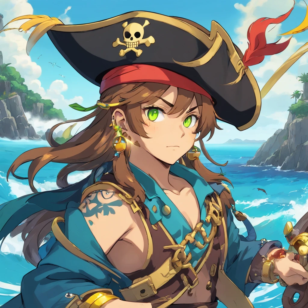mutant pirate, monster pirate, pirate with monster features, PFP NFT image, pirate hat, background with sea full of gold, vibrant colors, golden accessories, glowing eyes (blue, brown, black, green, neon), body colors and face (black, white, yellow, brown, gold), tattoos.