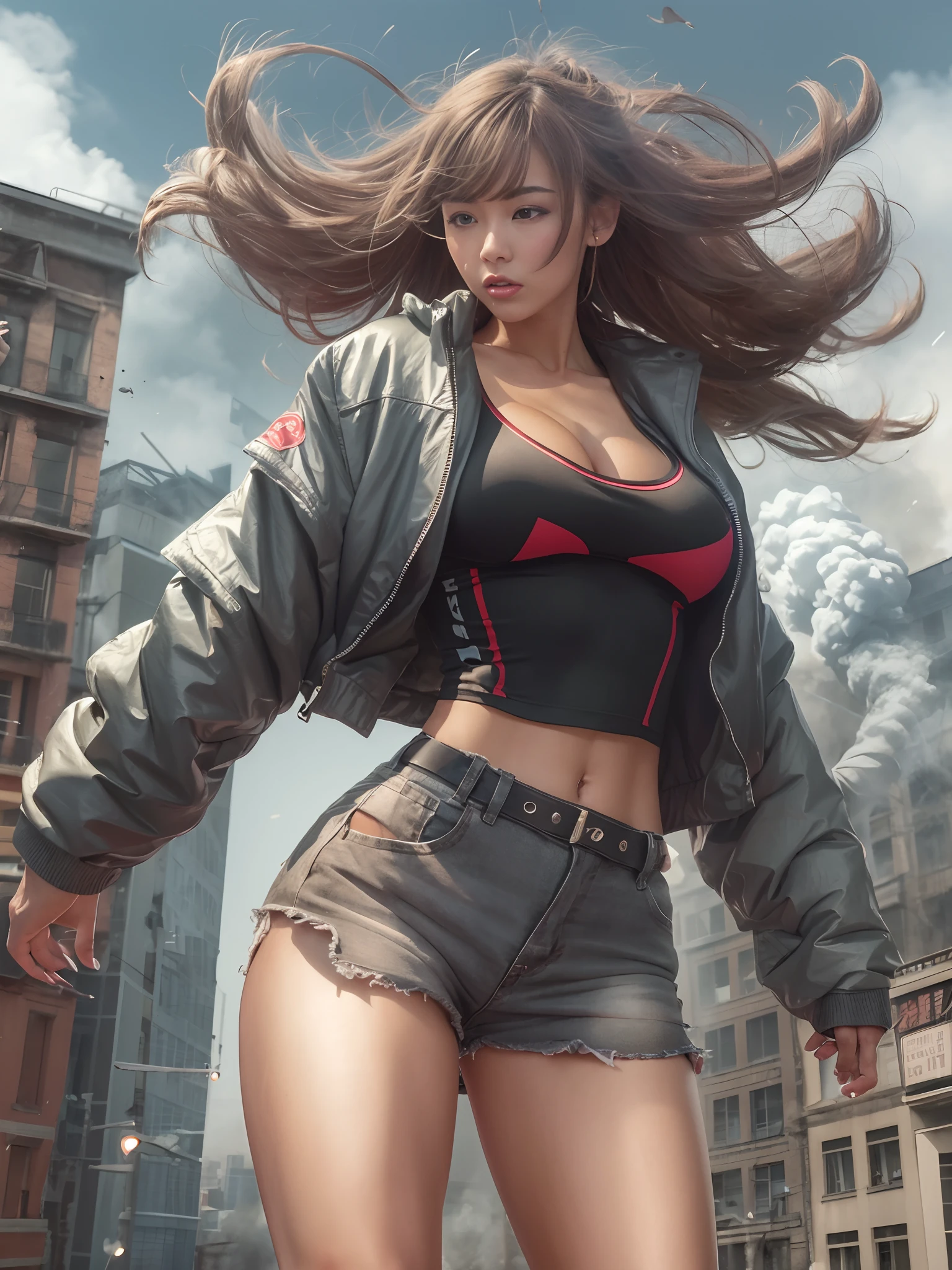 (1 girl, solo),Best quality, full body portrait, delicate face,brown long hair, bob haircut, forehead, 18 year old girl, slim figure, huge bust, loose oversized u-neck crop top full sleeved shhirt, cleavage,(under boobs:1.4), crotch gap, cameltoe, over shirt shorts, seen string of bikini bottoms, sunset bridge, vintage vespa behind, scene, standing tall, long leg , necklace, rings, earrings, bracelet, watch, open legs, araffe woman in shorts and a white top walking down a street, photorealistic perfect body, anime girl in real life, realistic anime 3 d style, sexy girl wearing shorts, at a city street, hyperrealistic full figure, bra and shorts streetwear, beautiful model girl, cyberpunk 2 0 y. o model girl, fashion model, hyper realistic anime, small waist, naval piercing, bellybutton pierced, nightlife,visible bra,denim shorts,tight ass, slutty,at night photo, night photography,brown hair(night outdoors)