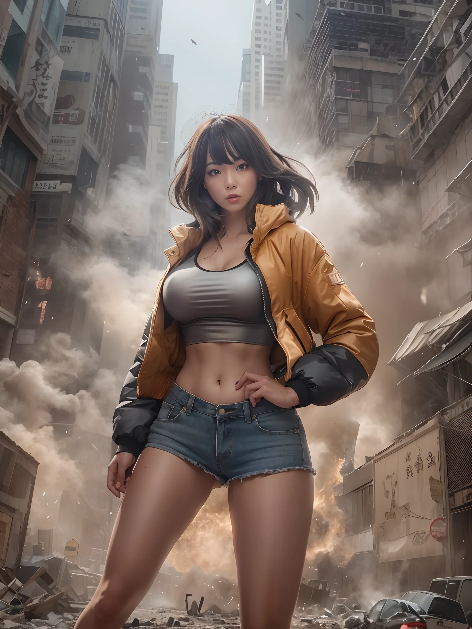 Giant Akari in crop top and jacket, Barefoot, a beauty girl、beautiful countenance、huge tit、beauty legs、well-muscled、athletic bodies, gts city, city buildings, Smoke coming from a broken building, Confront evil black smoke and assimilating monsters、Screaming and fighting、Fighting face、fighting poses