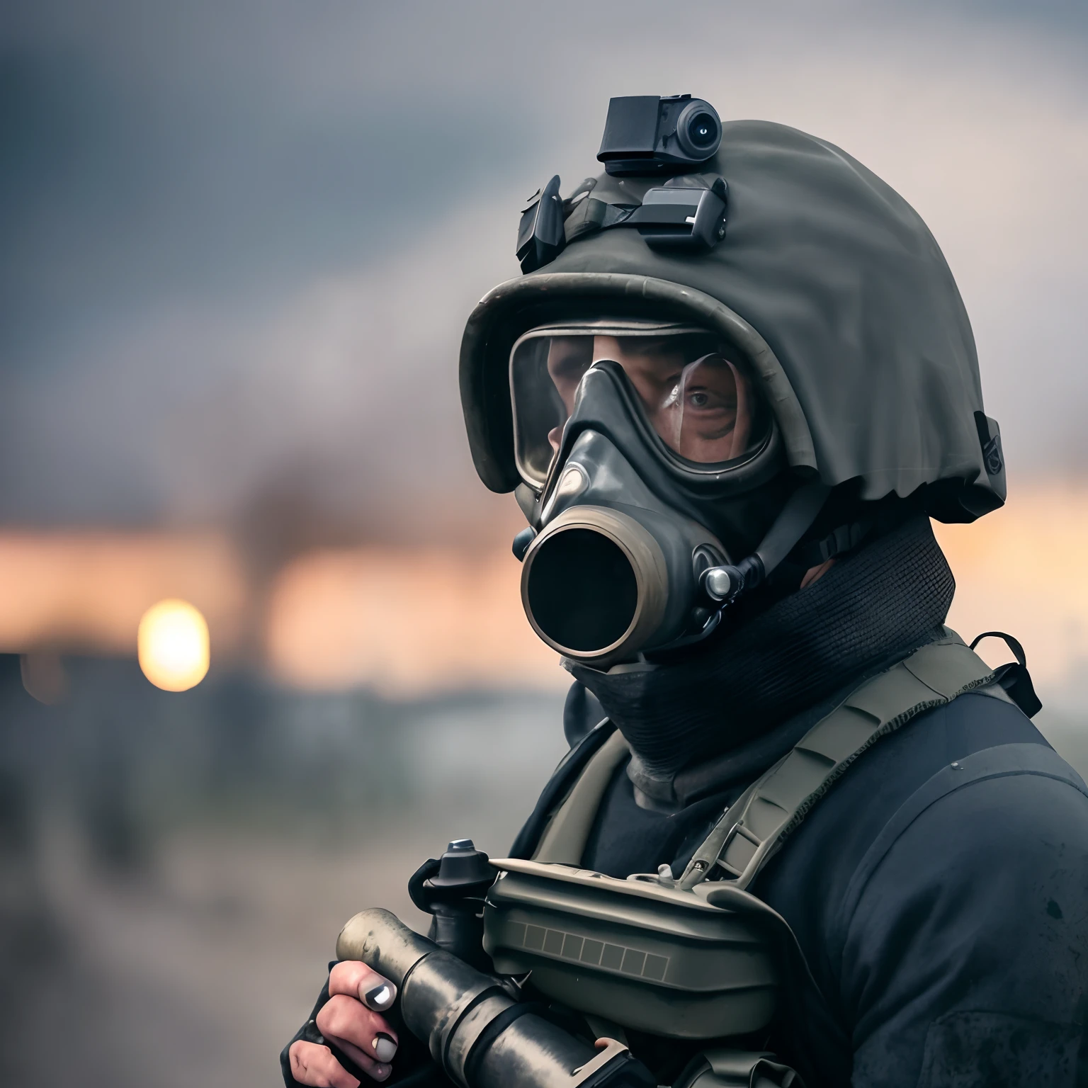 Soldier with gas mask and goggles holding a rifle, person wearing gas mask, soldier with a gasmask, wearing a gas mask, wearing gas masks, wearing a gas mask, capacetes, some of them use gas masks, Gas mask, gas masks, futuristic gas mask, fotografia militar, Shutterstock, spec - ops head with mask, wearing a bone gas mask