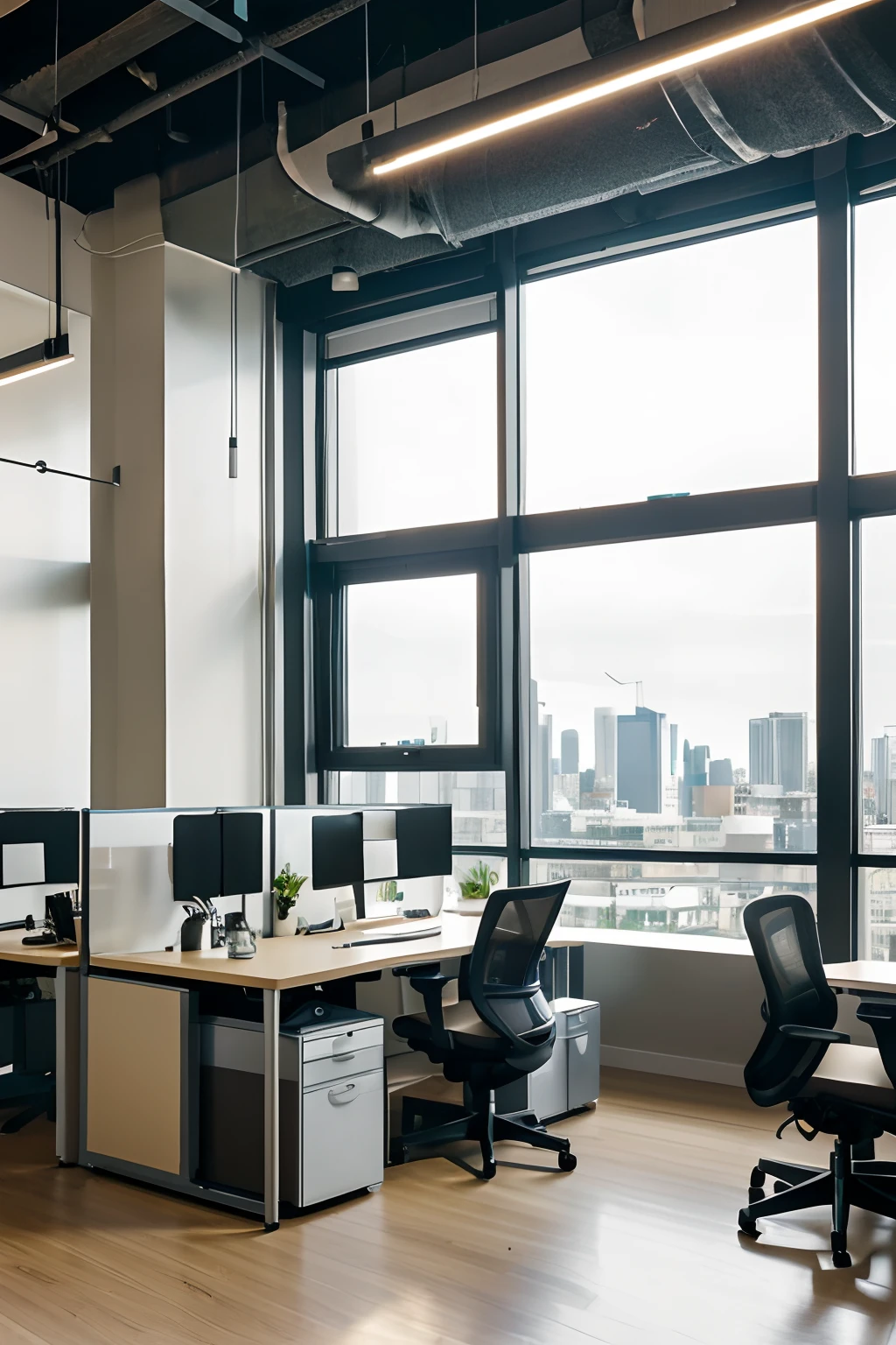 (brightly lit,lighting),(open office space),(modern decor, contemporary design),(very detailed cubicles),(employees diligently working at their desks),(screens,computers,laptops on each desk),(ergonomic chairs),(natural light streaming in through large windows),(indoor plants),(clean and organized),(high ceilings),(glass partitions),(coffee machines),(collaborative atmosphere),(efficiency),(stylish furniture),(neutral color palette),(efficient layout),(minimalistic aesthetics),(organized workstations),(city skyline visible through windows),(professionally dressed employees),(busy and focused),(clutter-free workspace),(innovative technology),(productive environment)