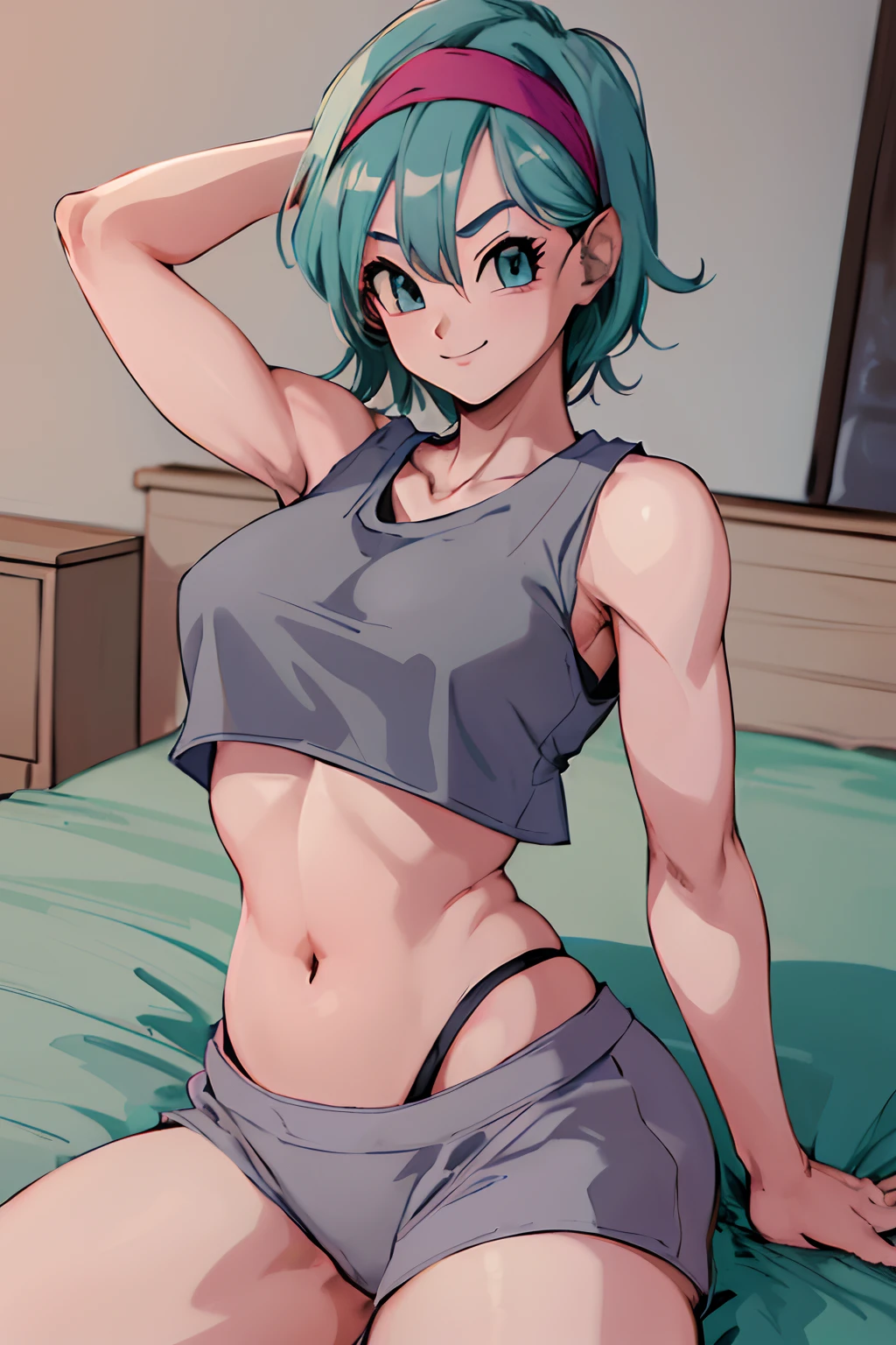 masterpiece, best quality, highres, dragon ball, blmpony, ((aqua hair)), medium hair, medium breasts, (((gray tanktop, crop top))), belly button, (((grey panties))), ((panties)), ((layed in bed)), head band, smile