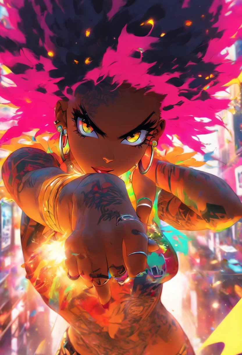 The most beautiful and  sexy k rock girl, black Afro, huge boobs, co color arco iris, ojos amarillos, dark skin, usar una sudadera con capucha, toneladas de tatuajes y piercings, Obra maestra perfecta, alta calidad, High resolution, big tits