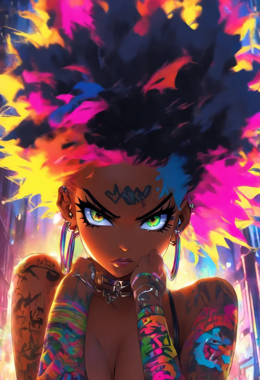 The most beautiful and naked sexy punk rock girl, black Afro, huge boobs, cabello color arco iris, ojos amarillos, dark skin, usar una sudadera con capucha, toneladas de tatuajes y piercings, Obra maestra perfecta, alta calidad, High resolution, big tits