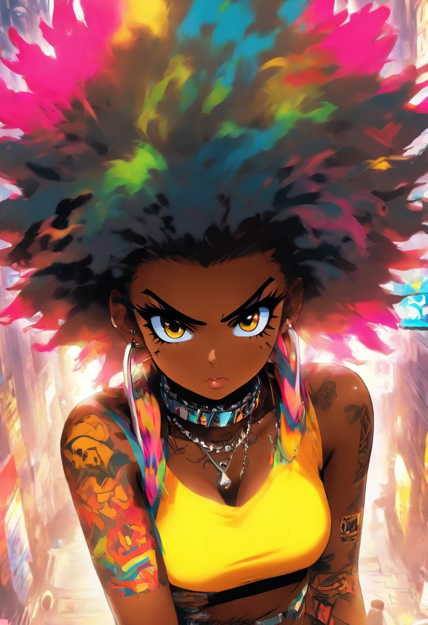 The most beautiful and naked sexy punk rock girl, black Afro, huge boobs, cabello color arco iris, ojos amarillos, dark skin, usar una sudadera con capucha, toneladas de tatuajes y piercings, Obra maestra perfecta, alta calidad, High resolution, big tits