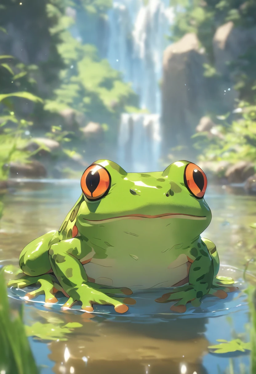 (((Animals))) best quality, very high resolution, 4K detailed CG, masterpiece, Inflated frog, Mountains, Forest, aesthetics, ((FROG,WATER)), Beautiful image, centered on screen