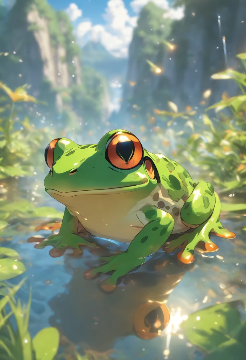 (((Animals))) best quality, very high resolution, 4K detailed CG, masterpiece, Inflated frog, Mountains, Forest, aesthetics, ((FROG,WATER)), Beautiful image, centered on screen