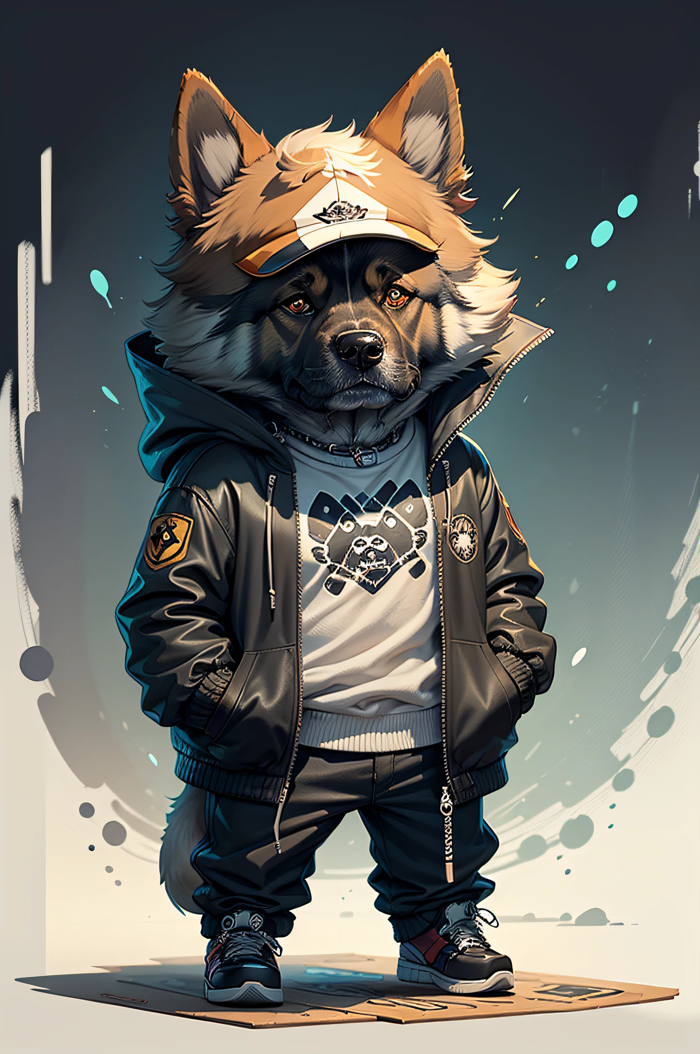 C4tt4stic, Cartoon German Shepherd Dog in Jacket and Skateboard(Body hair is black、Details of the appearance of the German Shepherd)