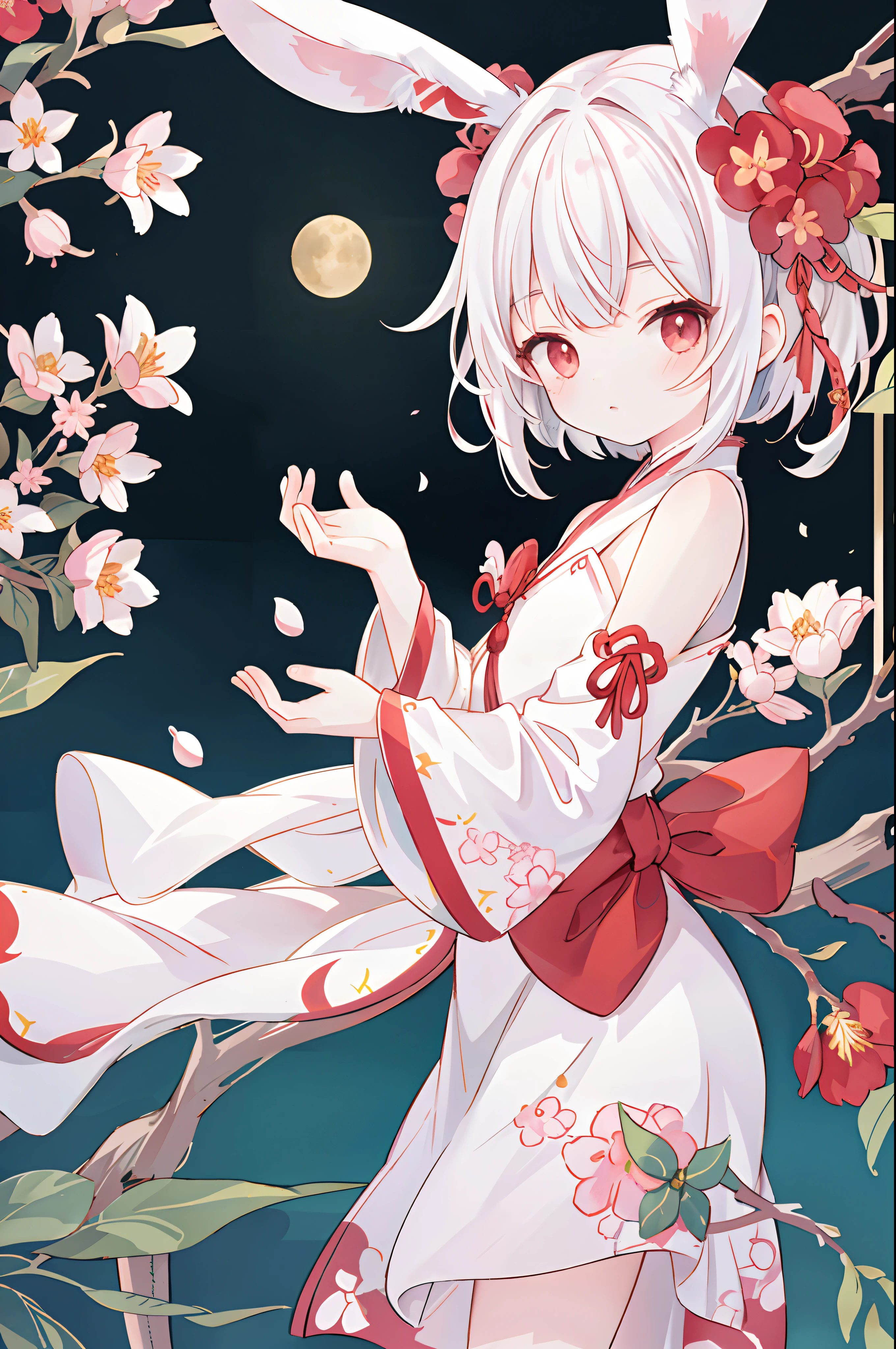 （tmasterpiece，best qualtiy：1.2），illustratio，absurderes，A high resolution，The is very detailed，1 little girls，with short white hair，Bunny ears，red eyes，eyes highlights，Hanfu，shift dresses，puffy short sleeves，frilld，exteriors，blossoms，Fluttering petals，The upper part of the body，（themoon：1.2），the night，depth of fields，（:D：0.8），