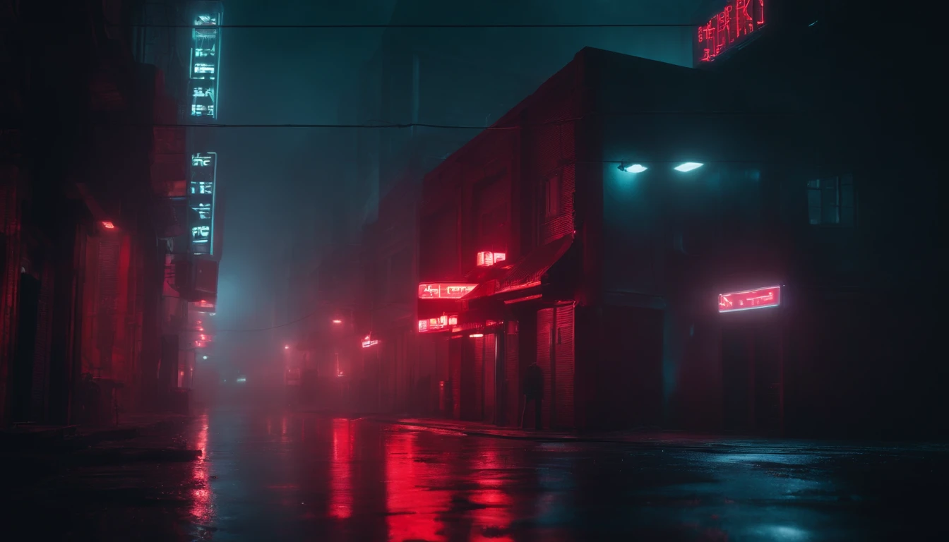 Cyberpunk alley at night, darksynth aesthetic, red neons, haze, foggy night, ultra detailed, photorealistic.