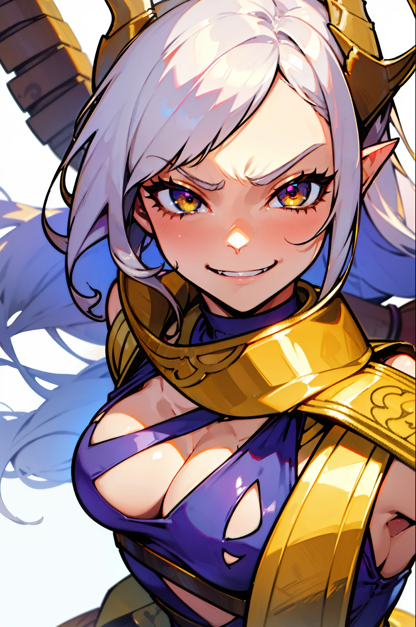 1girl,tanned skin,long hair, white hair,curly hair,yellow eyes,(villain,psycho,villain smile, psychopath, angry),gold armor outfit, cleavage,elves ears,horns,yellow scarf,face close up,((white background))