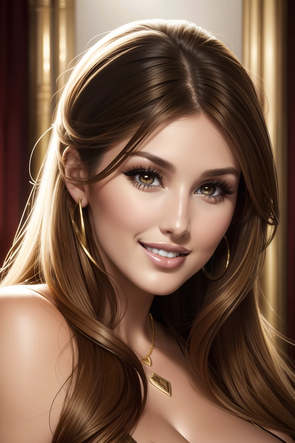 Lucy Pinder, Face Portrait, face, ((gold lipstick)), smiling, cleavage, brown hair, straight hair, Long hair, ((black babydoll))