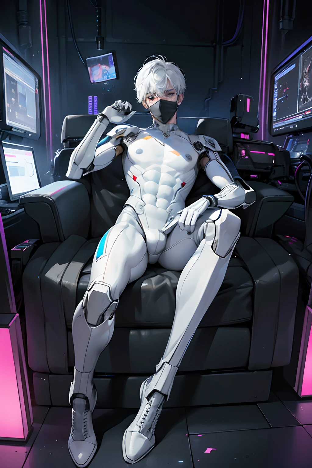 (tmasterpiece,high resolution,ultra - detailed:1.0),1boy,young male,Perfect male body,Look at the camera,Delicate eyes and delicate face,Extremely detailed CG,Unity 8k wallpaper,Complicated details,solo person,,Detailed face, (white robotic skin, robotic arms, robotic body), (cyberpunk theme:1.3), color difference, Depth of field,dramatic shadow,Ray tracing,Best quality, sportrait, white suit with gloves, mouth mask, boots, feet and hands in image, bulge, nipples, tight body suit, toned body