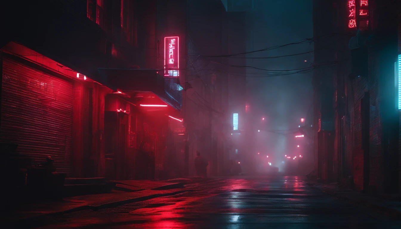 Cyberpunk alley at night, darksynth aesthetic, red neons, haze, foggy night, ultra detailed, photorealistic.