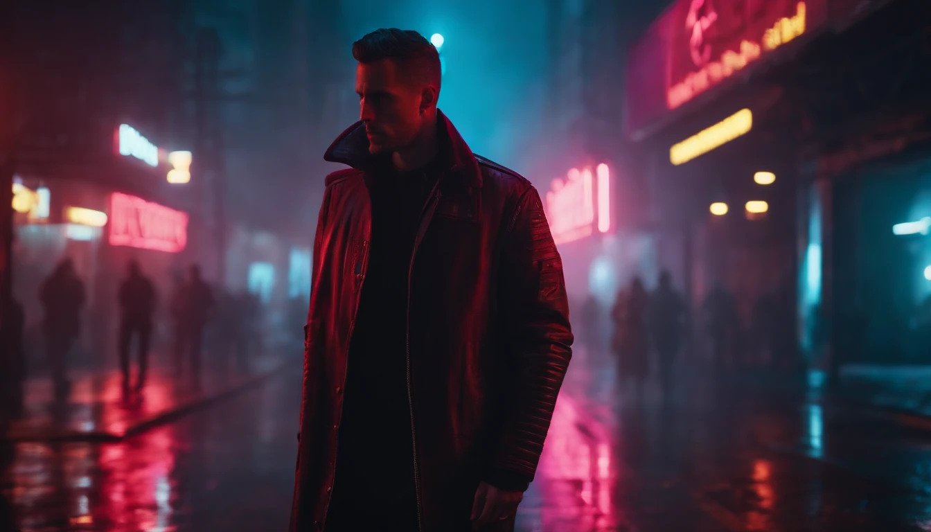 Cyberpunk alley at night, darksynth aesthetic, red neons, haze, foggy night, ultra detailed, photorealistic.