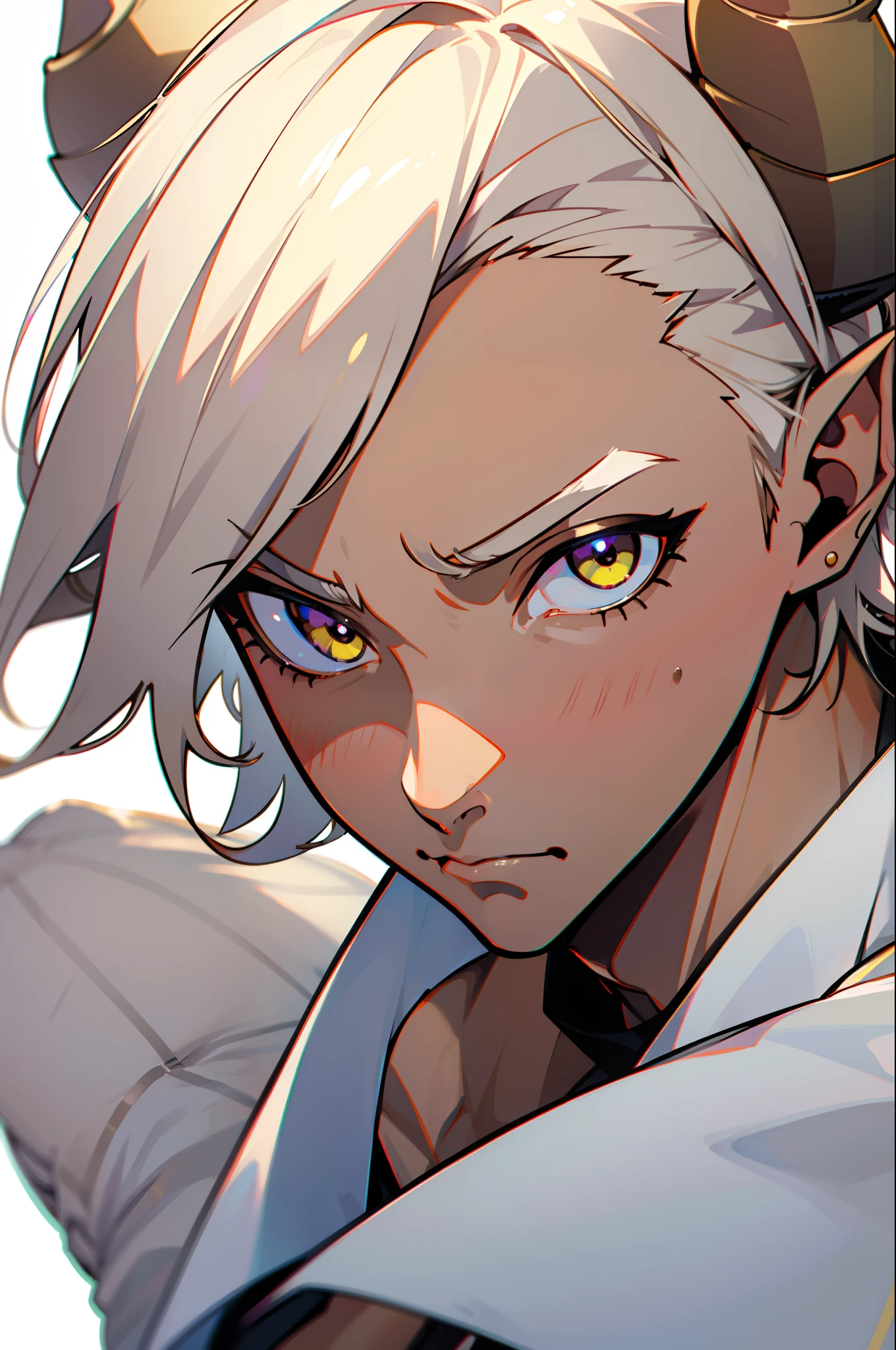 1boy,solo,serious,(tanned skin,male face),white student shirt,Short hair,platinum blonde hair,yellow eyes,elves ears,horns,face close up,((white background))