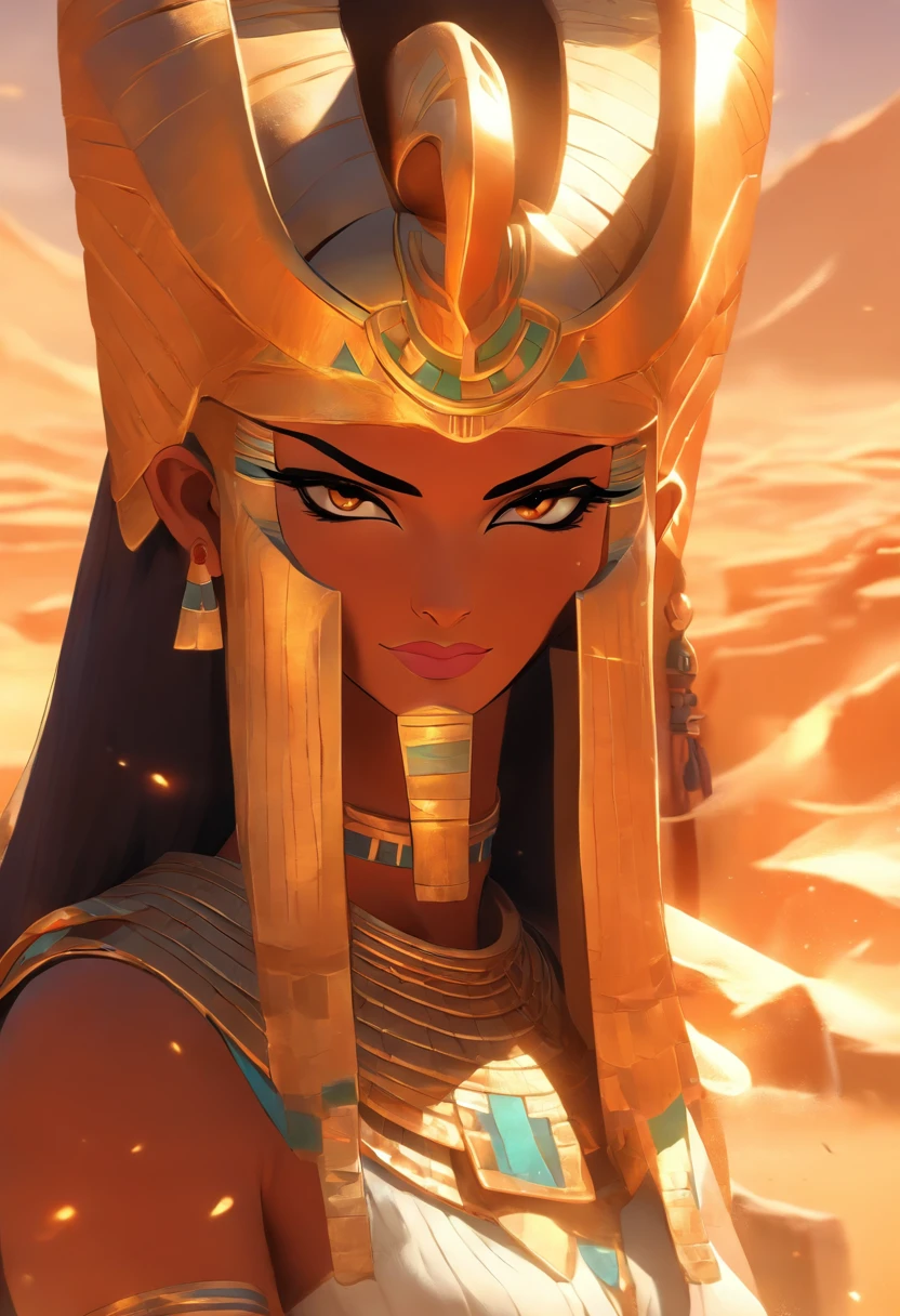 (((Hathor))) best quality, ultra-high resolution, 4K detailed CG, master piece, woman, with horns, Egyptian clothing, EGYPTIAN mythology, desert, horn, aesthetics, ((horns)), horn, Beautiful image