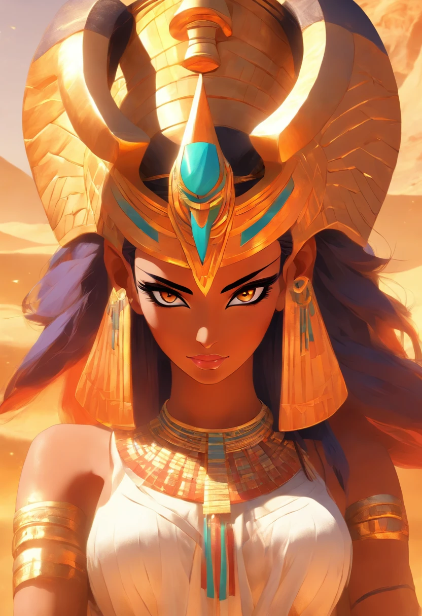 (((Hathor))) best quality, ultra-high resolution, 4K detailed CG, master piece, woman, with horns, Egyptian clothing, EGYPTIAN mythology, desert, horn, aesthetics, ((horns)), horn, Beautiful image
