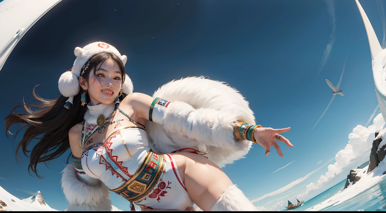 The navel is cute、Woman in Inuit tribal costume with delicate body.