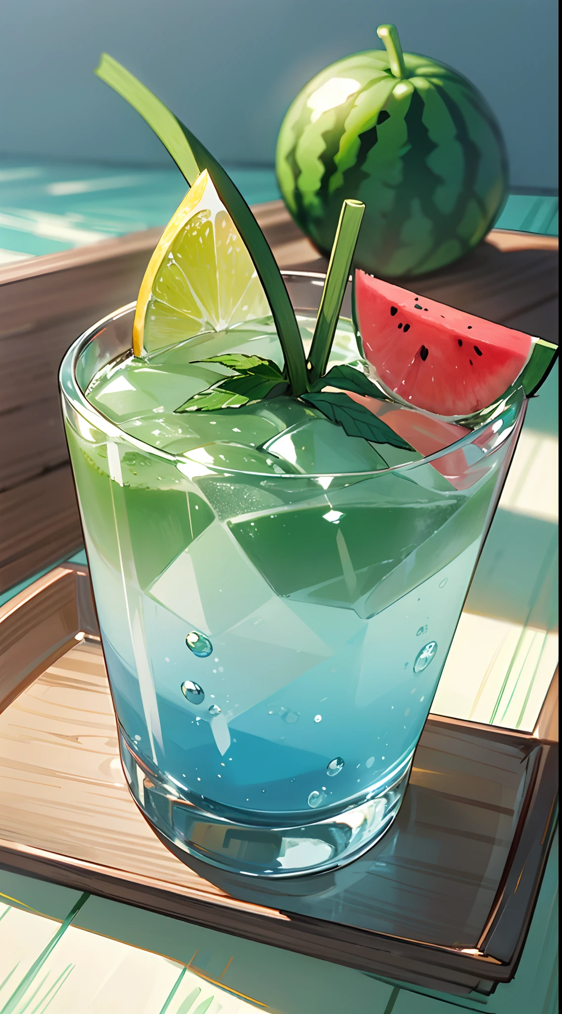 In the summer、Cold watermelon drink、glass、Good-looking glasses、Perfect glass、Sparkling water、Blue to green gradient、mint、Put the lemon on a wooden tray、I put a few watermelons next to it