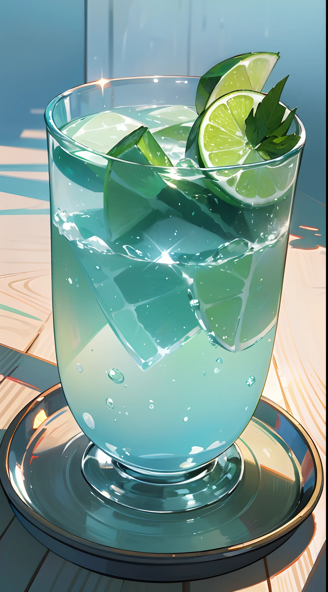 In the summer、Cold watermelon drink、glass、Good-looking glasses、Perfect glass、Sparkling water、Blue to green gradient、mint、Put the lemon on a wooden tray、I put a few watermelons next to it