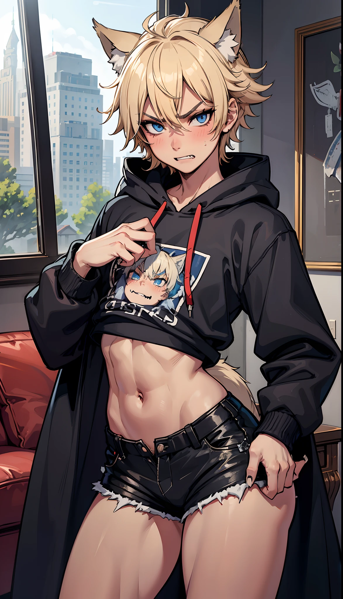 ((1boy)), blue eyes, messy blonde hair, close up view, wolf ears, wolf tail, black hoodie, black booty shorts, slim waist, big thighs, looking at viewer, fangs, angry, living room, sharp nails, ultra masterpiece, HD, young, twink, wide hips, blush