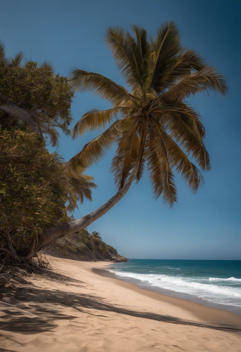 Uma garota ruiva e um garoto de cabelo preto olhando para o mar. The beach is empty and there are only the two of them on the beach. The sky is blue and the sand is clear.